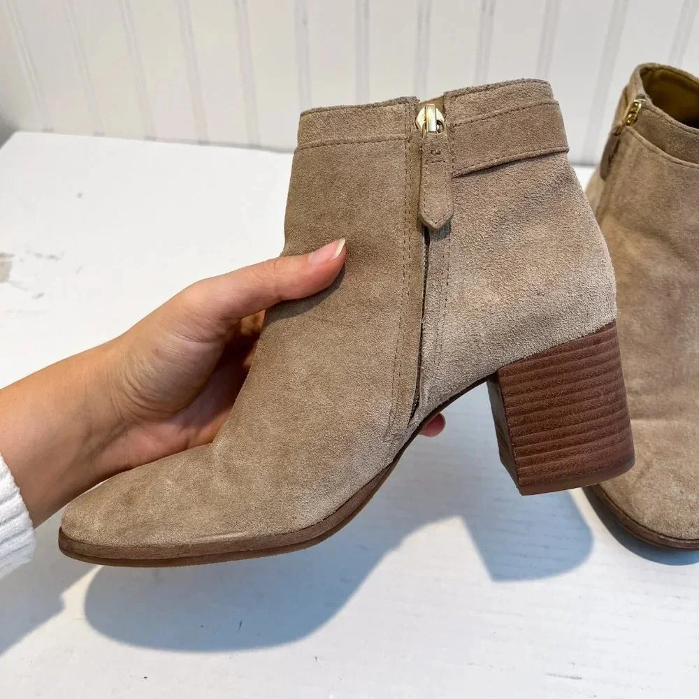 Tory Burch Sophia Tan Suede Block Heel Designer Bohemian Logo Booties 6 WORN